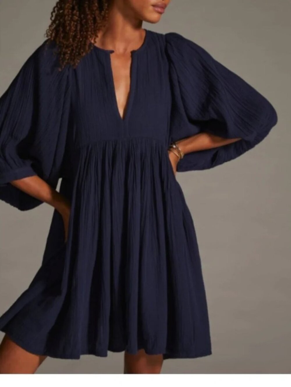 Sundry Navy Gauze Dress with Balloon Sleeves Size O